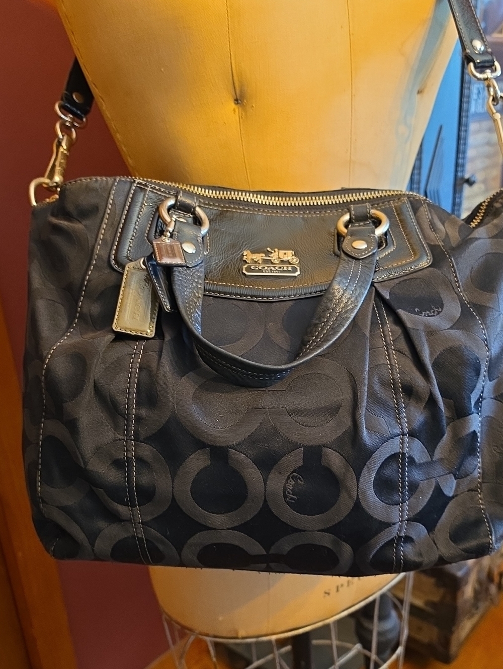 Coach Black Signature Canvas Satchel with Leather Trim